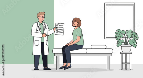 Doctor consulting patient in clinic, discussing medical results on checklist