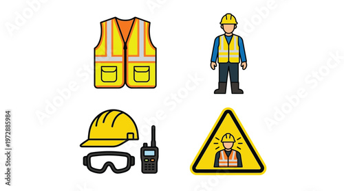 Collection of safety equipment and worker icons, including a vest, hard hat, goggles, walkie-talkie, and a safety warning sign, representing workplace safety and personal protective gear.