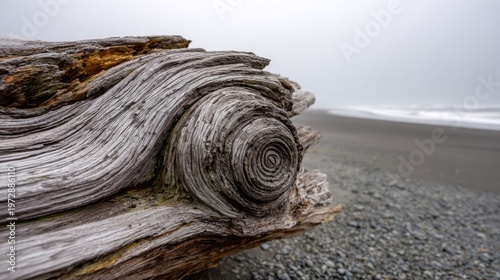 Sun-bleached driftwood with prominent swirl pattern on a pebbly beach, showcasing nature's artistry by the sea.
