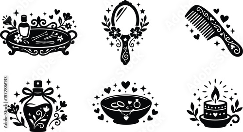 Black and white vintage spa items with floral and heart ornaments vector art
