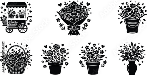 Black and white floral bouquet collection with flower cart basket pot and vase icons