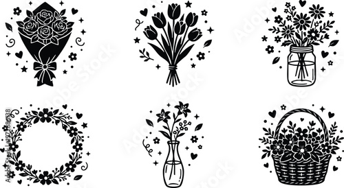 Black and white flower bouquet tulip vase basket and wreath line art vector