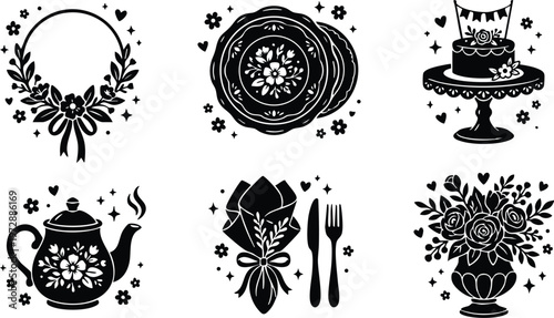 Black and white floral wreath cake teapot bouquet plates and cutlery vector art
