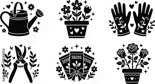 Black silhouette gardening tools flowers and seeds vector art