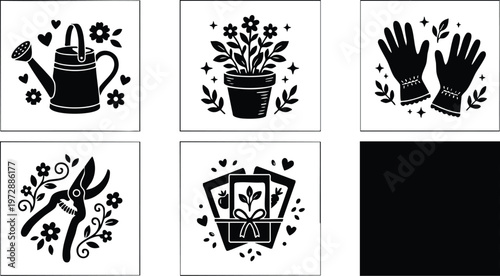 Black and white garden tools and flowers vector art set with watering can gloves pruning shears and seed packets