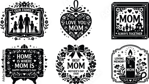 Black and white mothers day family love heart candle floral wreath silhouette vector art