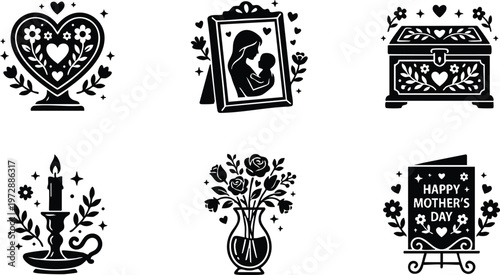 Black and white heart frame mother and child photo box vase candle happy mothers day card line art