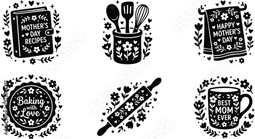 Black and white mothers day baking recipe icons with floral decoration