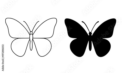 Butterfly minimalist icon, in outline and silhouette design, isolated on transparent background