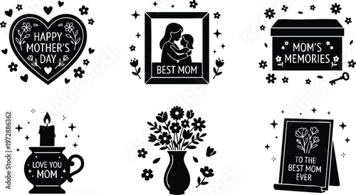 Black and white mothers day heart best mom photo box candle and flower vase icons