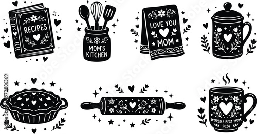 Black and white mom kitchen utensils and loving cooking quotes vector art