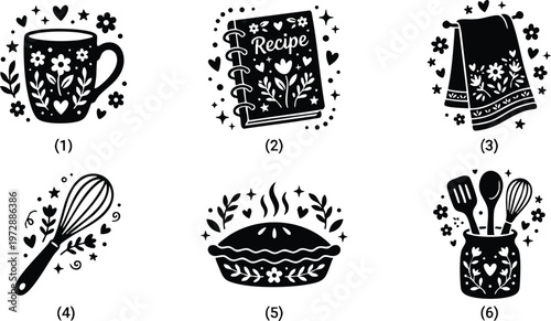 Black and white floral mug recipe book pie and kitchen tools vector art