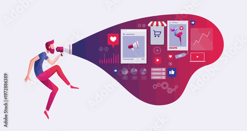 Digital Marketing Concept with Man Using Megaphone for Online Social Media Promotion
