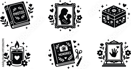 Black and white memory book candle and photo frame icons with floral decoration