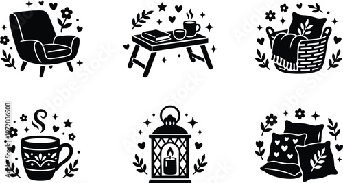 Black and white cozy home icons with chair table basket cup lantern and pillows
