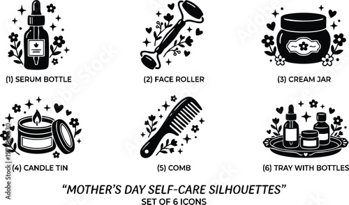 Black and white mothers day self care silhouettes set with serum bottle face roller cream jar candle tin comb and tray with bottles