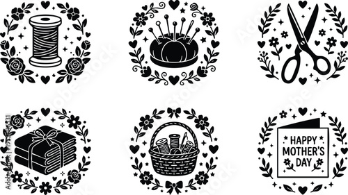 Black and white sewing tools and happy mothers day greeting card icons with floral wreaths