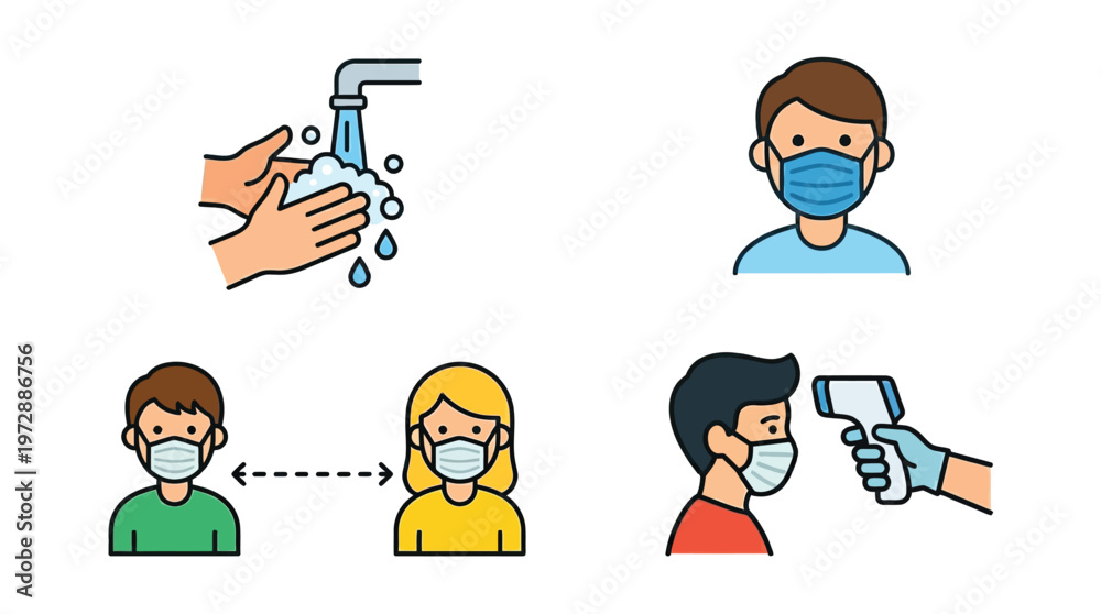 Fototapeta premium Illustrations depicting essential COVID-19 prevention measures including hand washing, mask wearing, social distancing, and temperature checks for public health safety.
