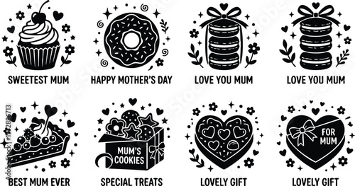 Black and white mothers day sweets with cupcakes cookies and heart shaped chocolates vector art