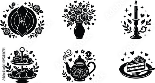 Black and white floral tea party icons set with vase teapot candle and cake