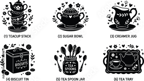 Black and white tea set with teacup stack sugar bowl creamer jug and biscuit tin vector art