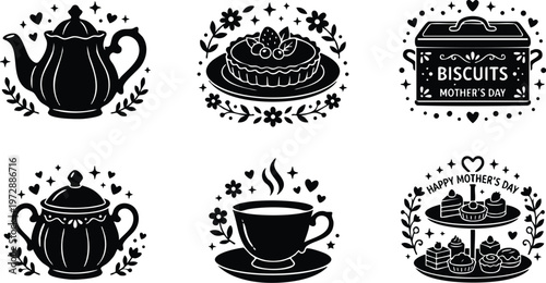 Black and white mothers day biscuits tin teapot cup and desserts vector art set