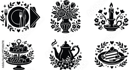 Black and white floral vase cake slice tea pot and candle vector art set