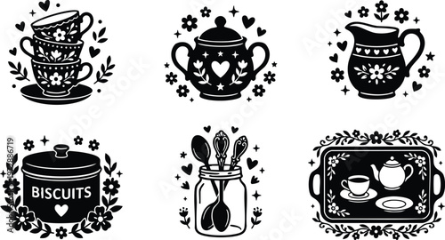 Black and white floral tea set with stacked cups sugar pot and biscuit jar vector art