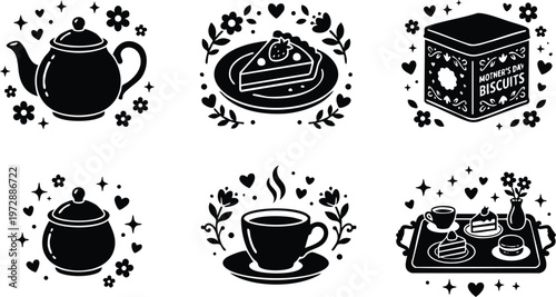 Black and white mothers day biscuits cake teapot and cup vector art