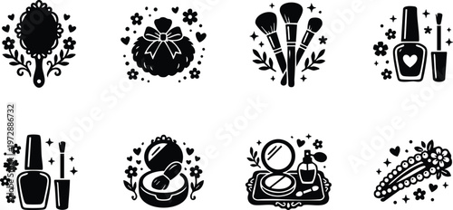 Black and white makeup brushes powder compact nail polish floral icons