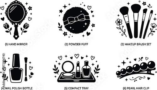 Black and white hand mirror powder puff makeup brush set nail polish bottle compact tray and pearl hair clip vector art