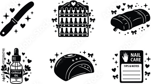 Black and white manicure set with nail file cuticle oil and uv lamp vector art