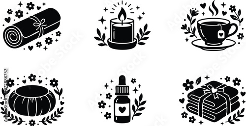 Black and white relaxation spa set with towel candle tea soap and oil dropper illustrations