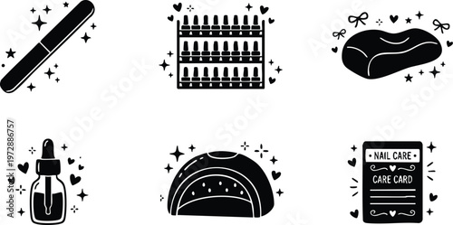 Black and white nail care icons with file polish lamp oil and soap