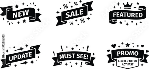 Black and white promotional ribbons with new sale featured update must see and promo text vector art