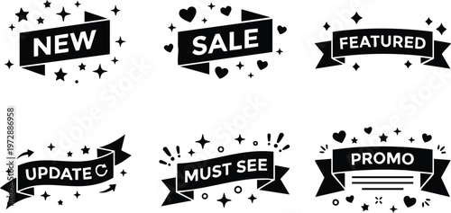 Black and white promotional banners with new sale update promo featured must see text