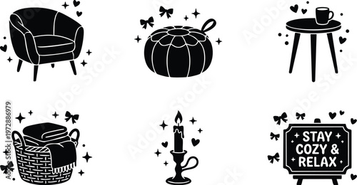 Black and white cozy living room chair candle basket and stay cozy relax sign vector art