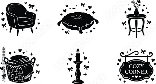 Black and white cozy corner sign candle cushion chair basket and table vector art