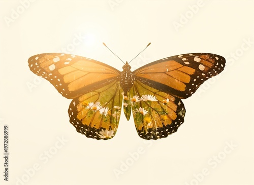  Double Exposure Butterfly with Spring Meadow and Flowers