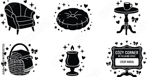 Black and white cozy corner relaxing space with chair candle basket and table vector art