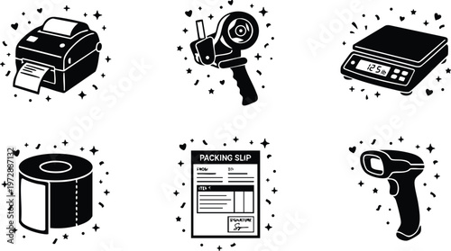 Black and white icons of packaging tape gun label printer digital scale barcode scanner and packing slip