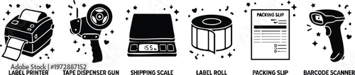 Label printer tape dispenser gun shipping scale label roll packing slip barcode scanner icons