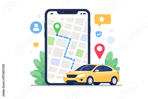 Taxi Ride App Concept with Smartphone Map and Car Illustration
