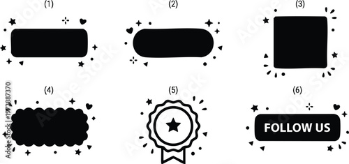 Black silhouette social media follow us badge with stars and hearts vector art