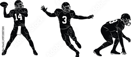 American football player silhouettes set, professional athletes in action poses, quarterback throwing ball, defensive line stance, sports vector illustration, isolated,