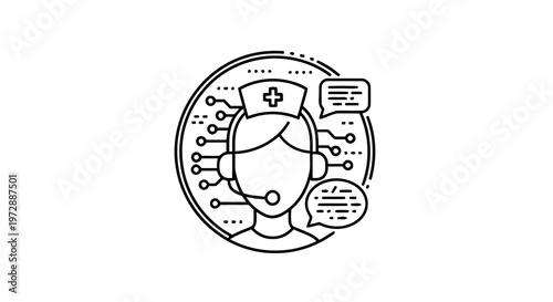 Digital Health Support Nurse Icon with Circuitry and Chat Bubbles