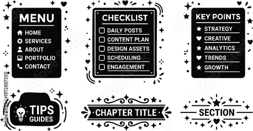Black and white checklist menu key points tips chapter title and section vector art icons