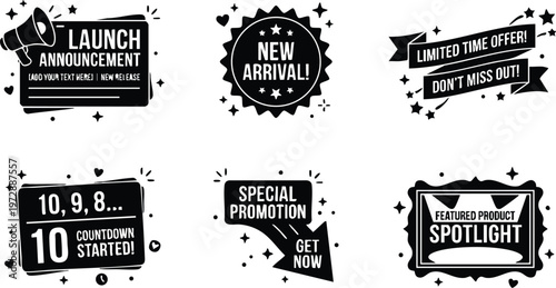 Black and white launch announcement new arrival and special promotion badges vector art
