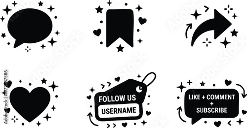 Black social media icons with sparkle stars and heart shapes vector art