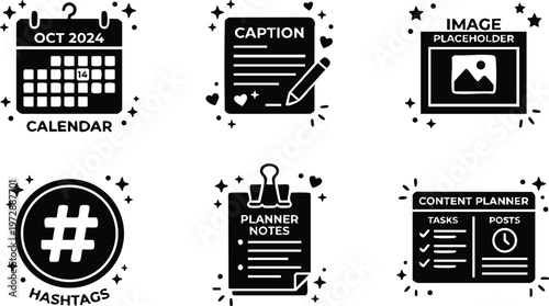 Black calendar caption hashtags planner content planner icons vector art